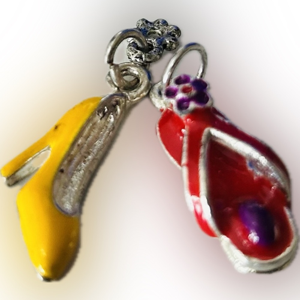 Red Flipflops & Charming High Heel Yellow Vintage Shoe Charms Pendant Necklace
